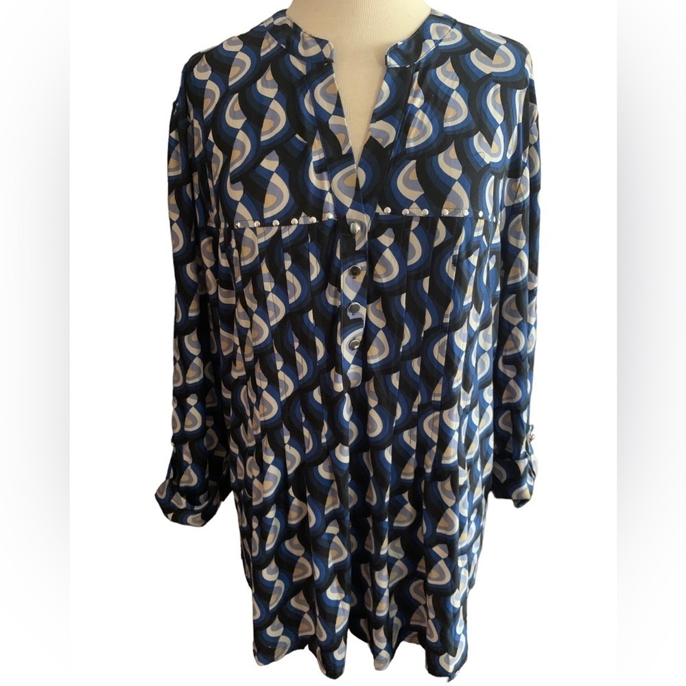 COCOMO 3X blue black yellow plus size 3/4 sleeve women's Pintuck Blouse